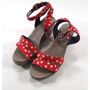 Crocs Leigh II Wedge Sandals Women's 8 Red Polka Dots Strappy Ankle Strap 15313